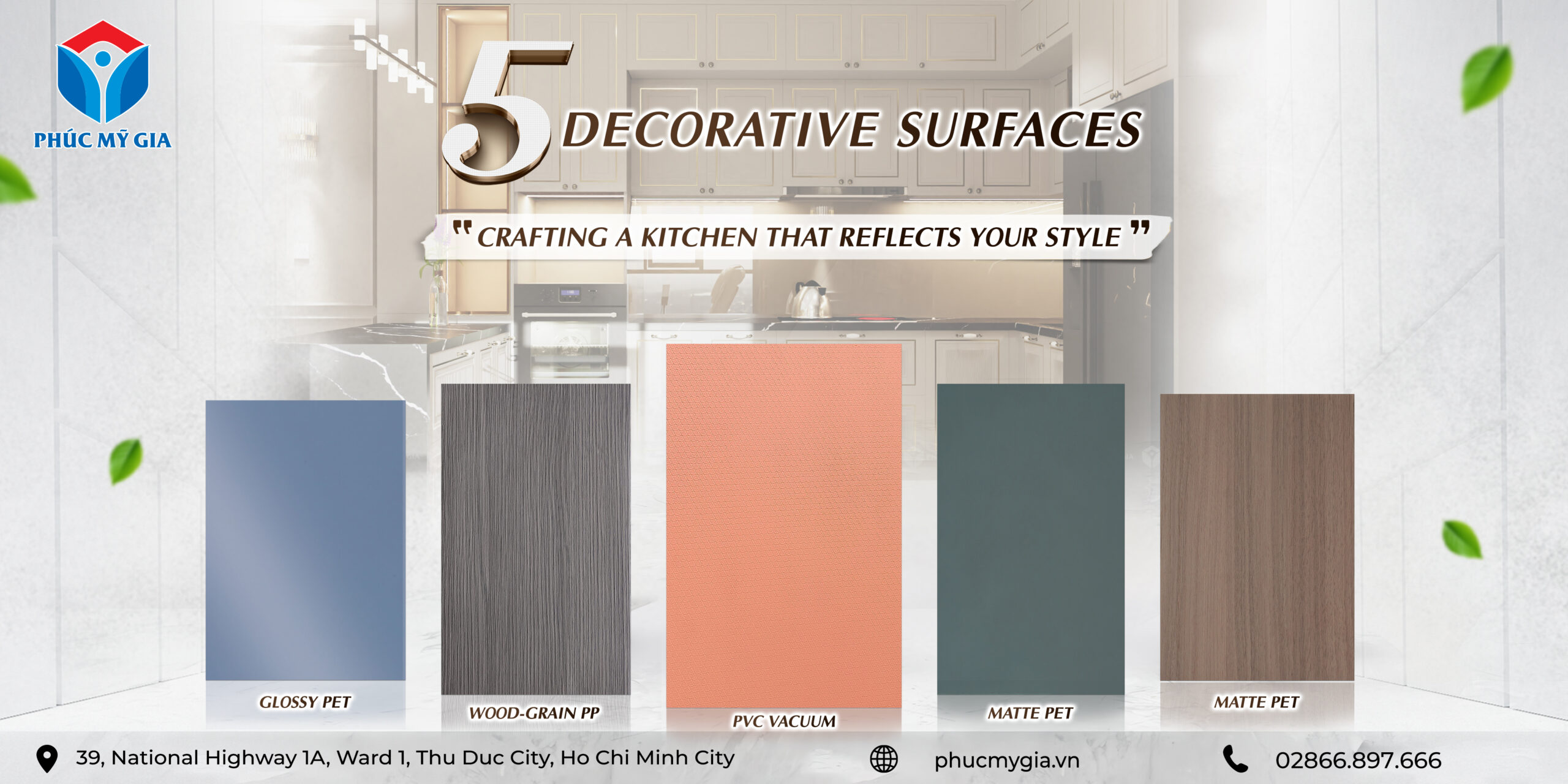 Types of decorative kitchen cabinet surfaces at Phúc Mỹ Gia